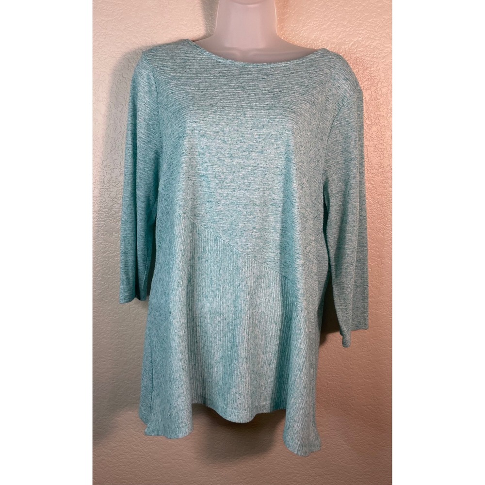Chicos 2 US Large Tunic Top Aqua Blue Marled Linen Blend 3/4 Sleeve Nautical